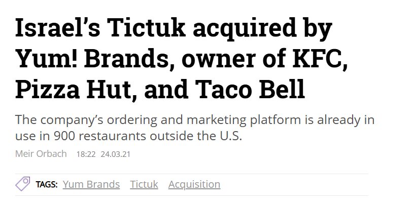 Israel’s Tictuk Acquired By Yum! Brands, Owner Of Kfc, Pizza Hut, And Taco Bell